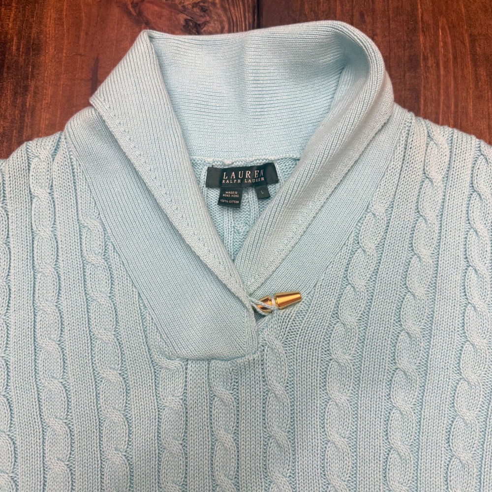 Lauren Ralph Lauren Blue Cable Knit Shawl Collar Toggle Sweater Womens Large - Picture 2 of 6